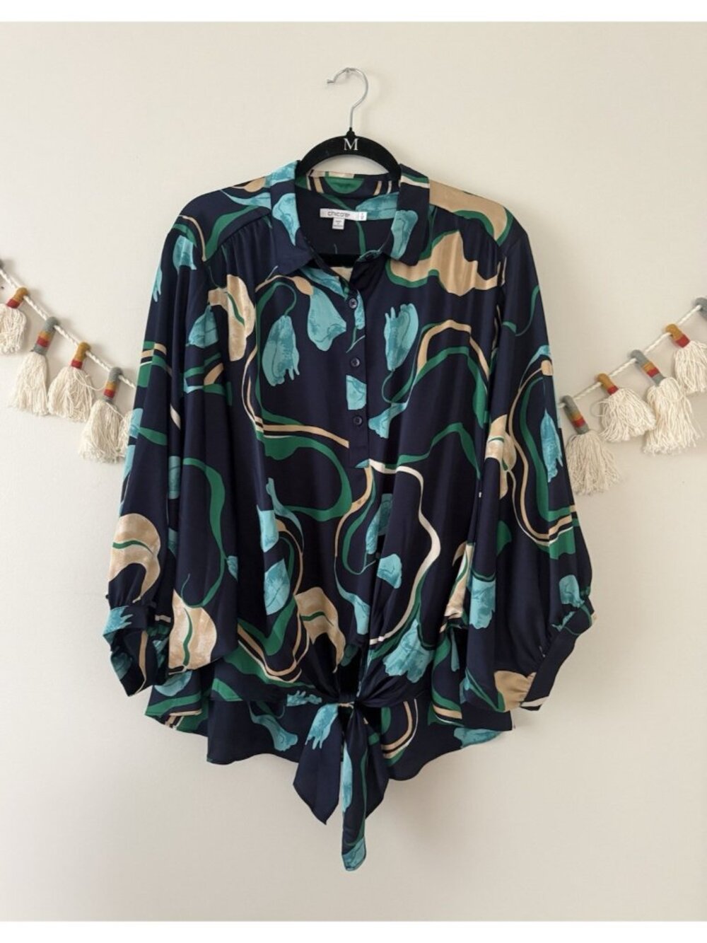 Chico’s Abstract Floral Tie Front Balloon Sleeve Top Artsy Feminine Plus Size 20